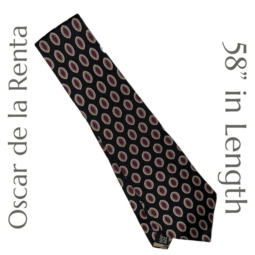 Oscar de la‎ Renta - 100% Silk Black Geometric Oval Pattern Tie Vintage Designer